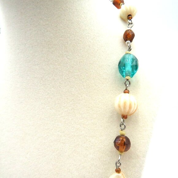 Vintage Beaded Necklace 27" Blue Cream Brown Faceted Shell Glass Resin Beads - Picture 2 of 4